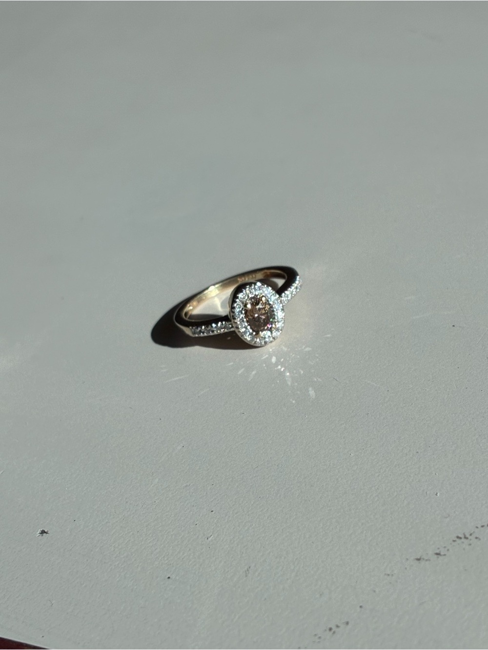 Modern 14K Gold Oval Champagne Diamond Halo Pave Band Ring JF China Size 6